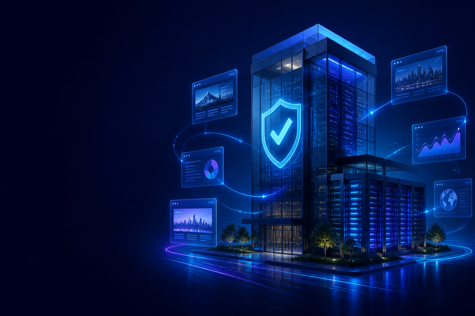 Secure business data center hosting infrastructure with protected server racks and analytics
