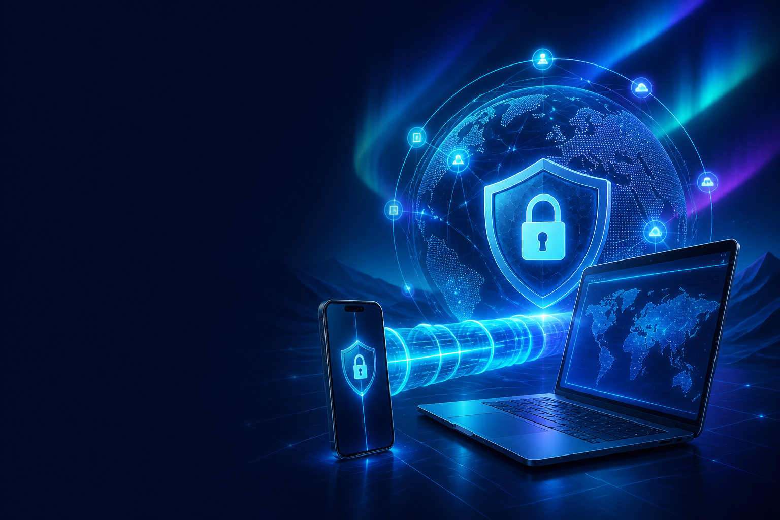 Encrypted VPN tunnel protecting laptop and mobile connections across a global network