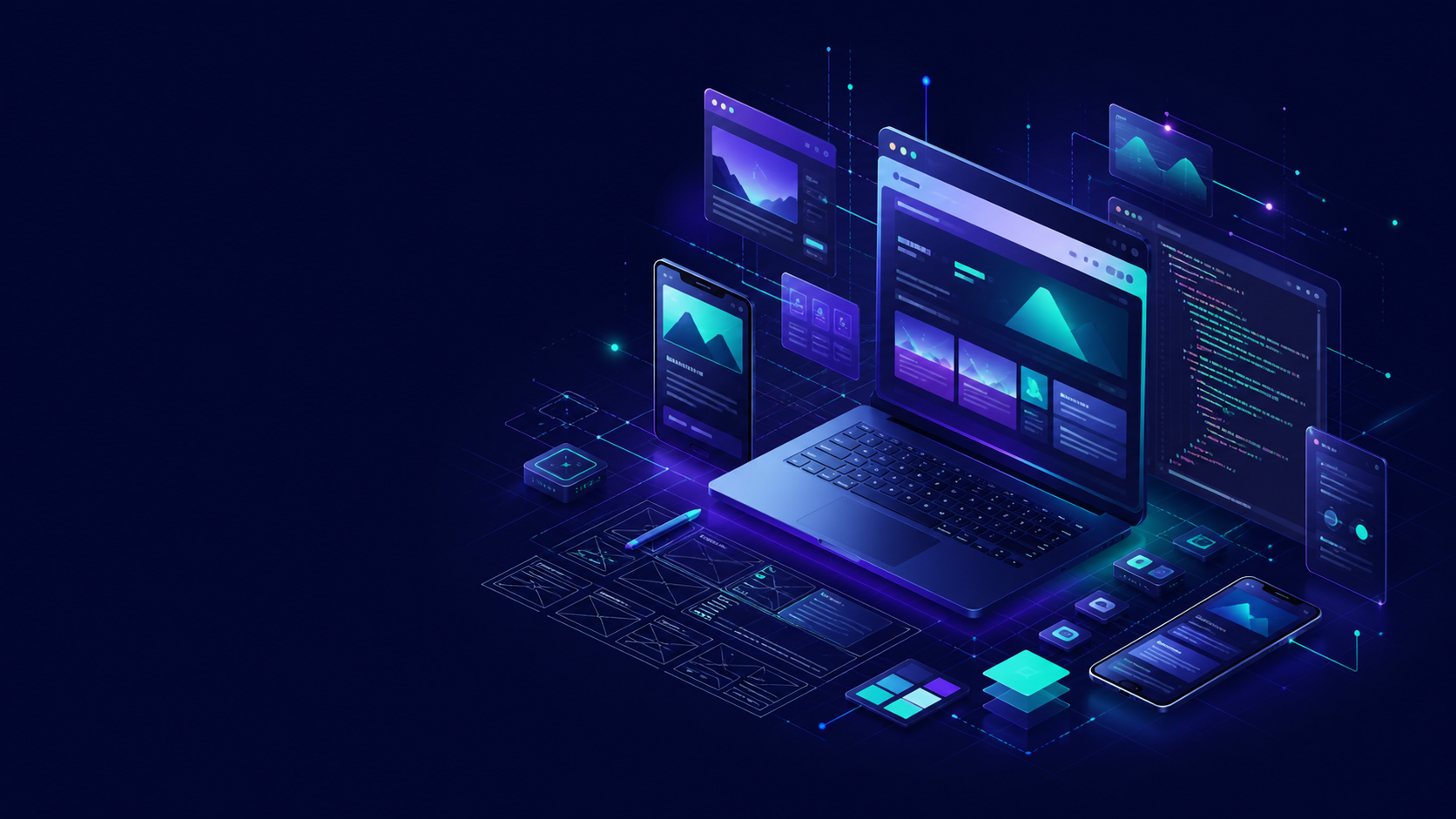 Premium web design studio with responsive website screens and development tools